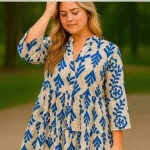 Zara Blue and White Tiered Midi Dress with Mandarin Collar